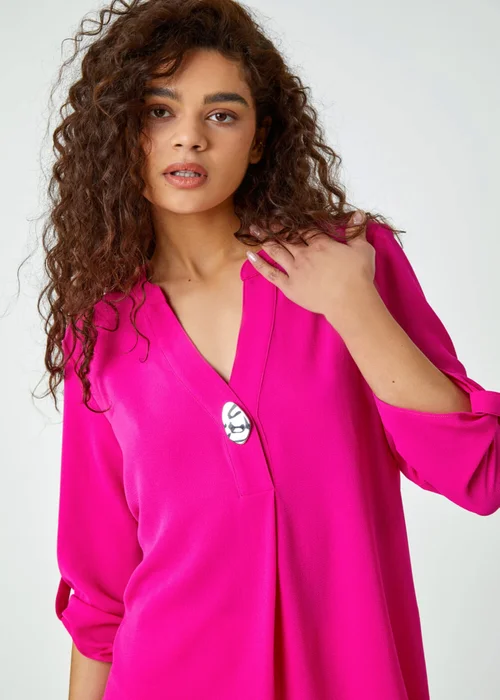 Roman Fuchsia V-Neck Longline Button Detail Tunic Top - Size 16 Image 2
