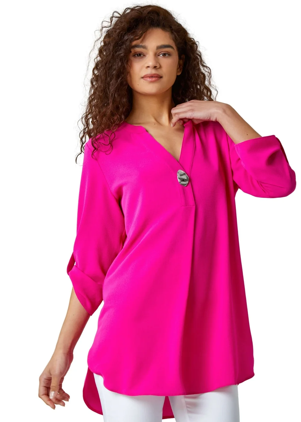 Roman Fuchsia V-Neck Longline Button Detail Tunic Top - Size 16 Image 1
