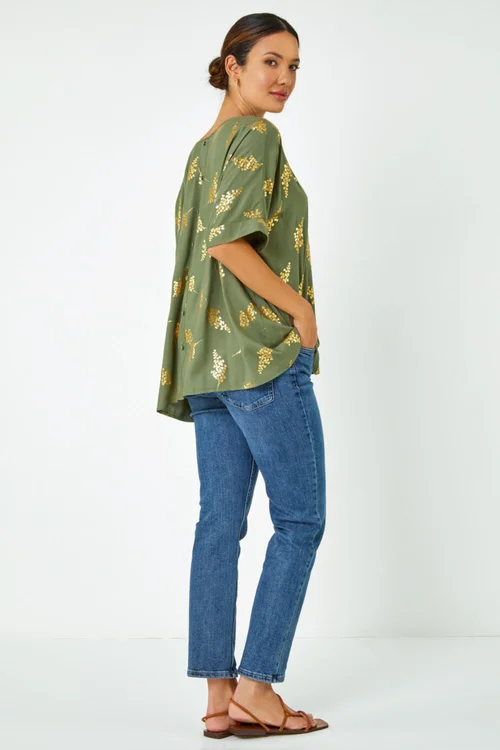 Roman Khaki Metallic Leaf Print Oversized T-Shirt - 6 Image 3