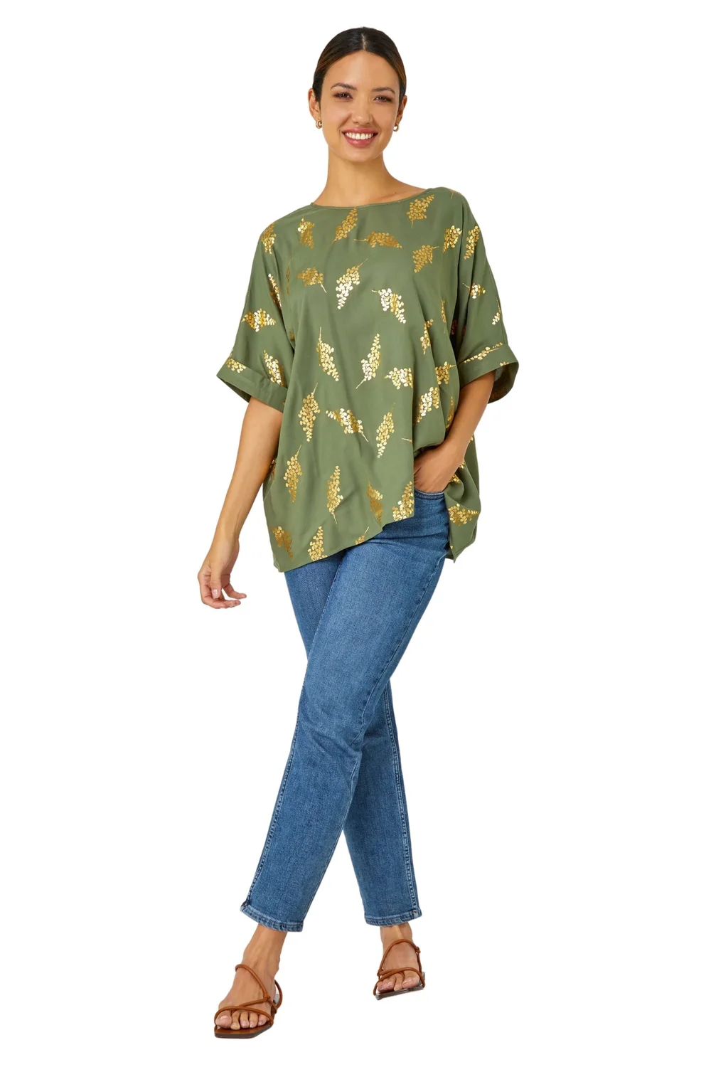 Roman Khaki Metallic Leaf Print Oversized T-Shirt - 6 Image 1