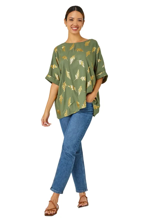 Roman Khaki Metallic Leaf Print Oversized T-Shirt - 6 Image 1