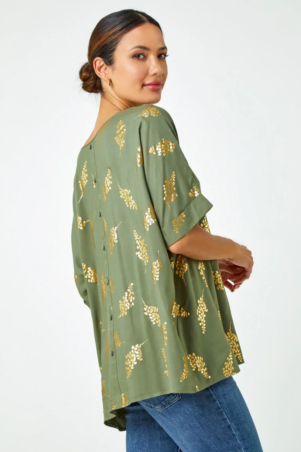 Roman Khaki Metallic Leaf Print Oversized T-Shirt - 6 Image 4