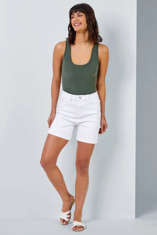 Roman White Stretch Denim Mom Shorts - 10 Image 4