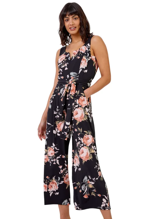 Roman Black Floral Stretch Cropped Leg Jumpsuit - Size 6 Image 1