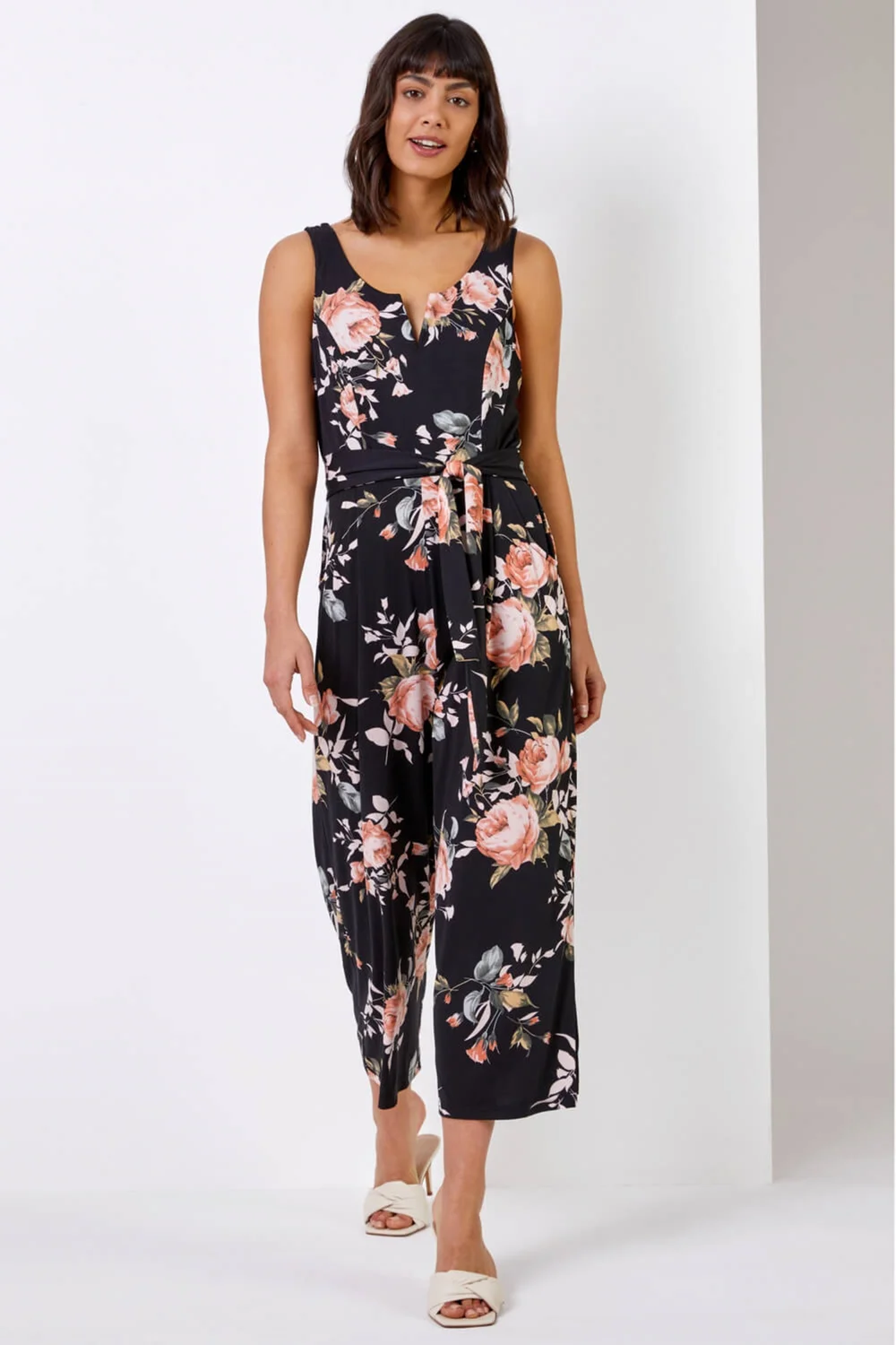 Roman Black Floral Stretch Cropped Leg Jumpsuit - Size 6 Image 3