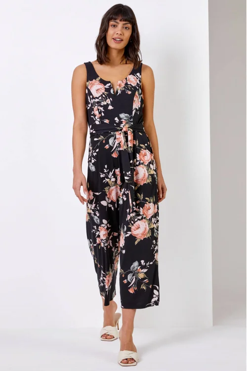 Roman Black Floral Stretch Cropped Leg Jumpsuit - Size 6 Image 3
