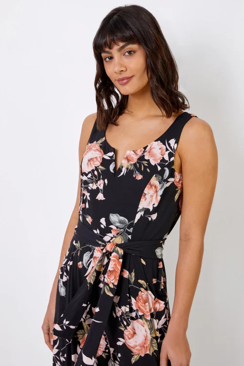 Roman Black Floral Stretch Cropped Leg Jumpsuit - Size 6 Image 4