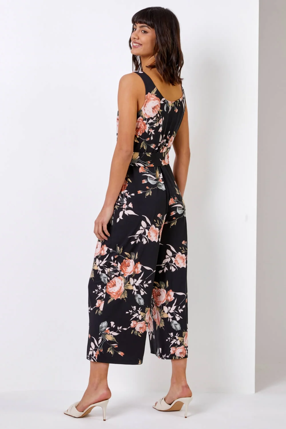 Roman Black Floral Stretch Cropped Leg Jumpsuit - Size 6 Image 2