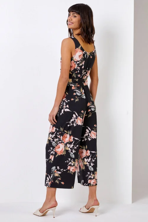 Roman Black Floral Stretch Cropped Leg Jumpsuit - Size 6 Image 2
