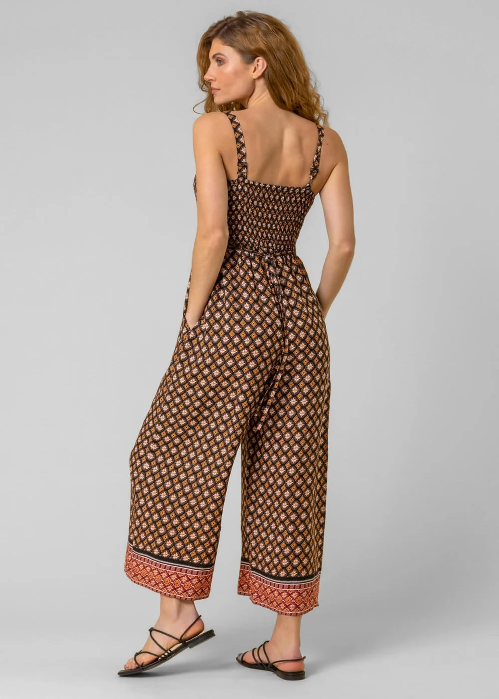 Roman Brown Contrast Geo Print Belted Jumpsuit - Size 16 Image 3