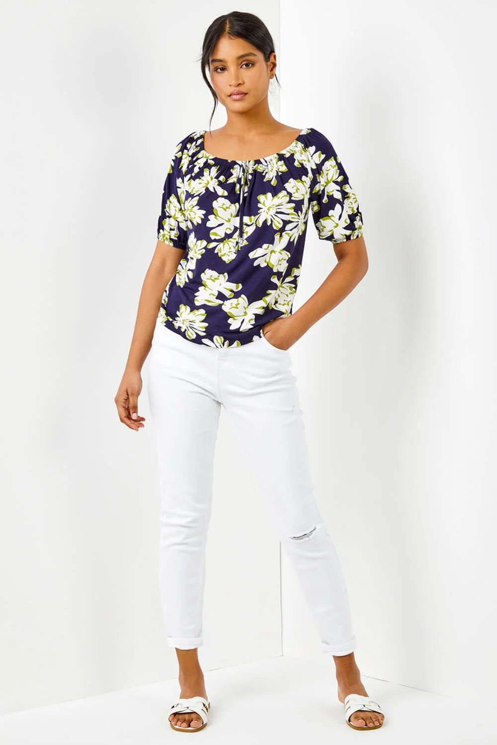 Roman Navy Floral Print Stretch Bardot Top - 6 Image 3
