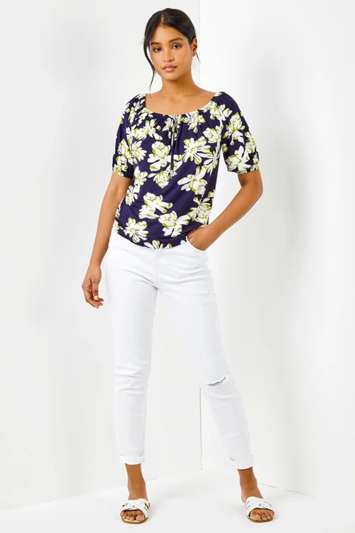Roman Navy Floral Print Stretch Bardot Top - 6 Image 3