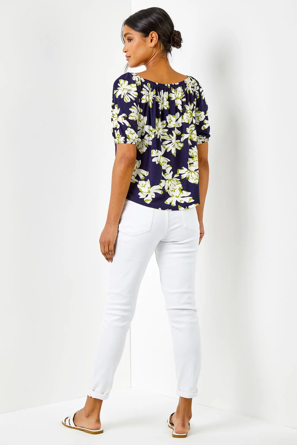 Roman Navy Floral Print Stretch Bardot Top - 6 Image 2
