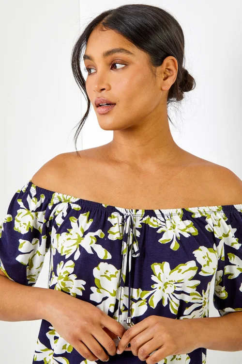 Roman Navy Floral Print Stretch Bardot Top - 6 Image 4