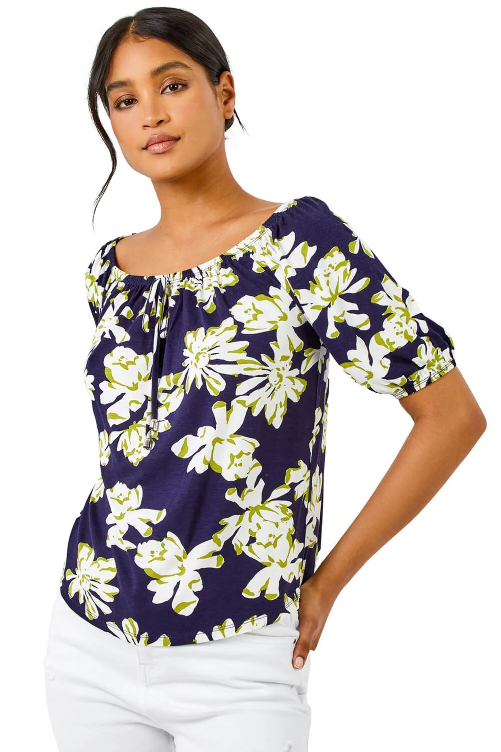 Roman Navy Floral Print Stretch Bardot Top - 6 Image 1