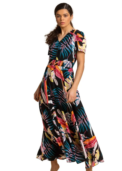Roman Black Tropical Palm Shirred Waist Maxi Dress - 6 Image 1