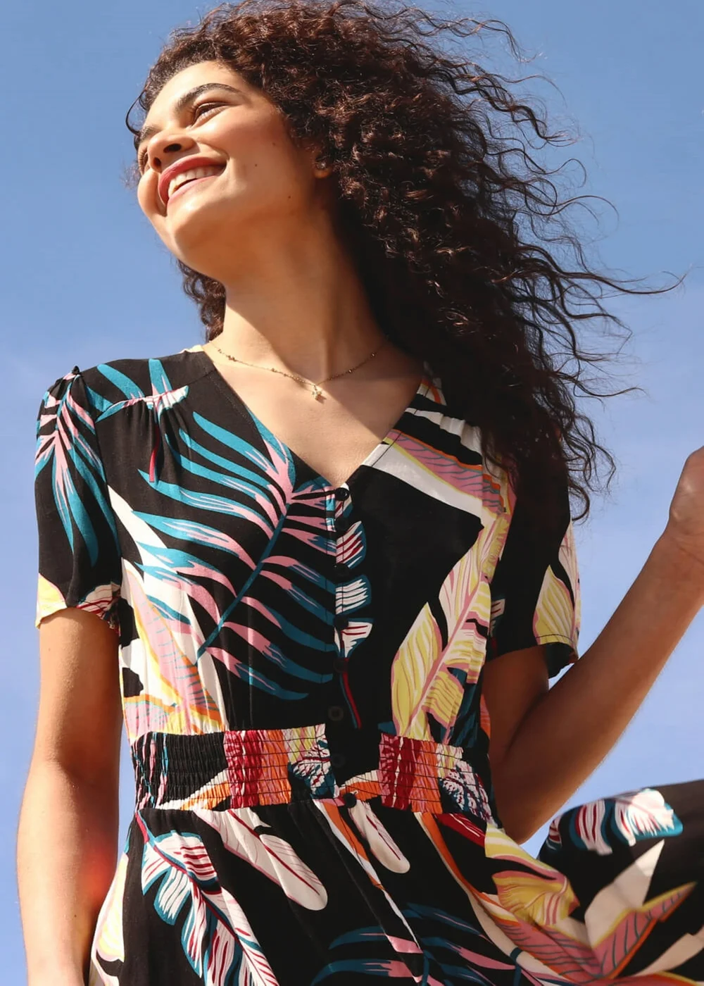 Roman Black Tropical Palm Shirred Waist Maxi Dress - 6 Image 3