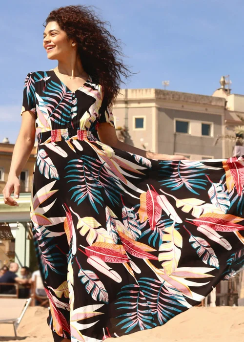 Roman Black Tropical Palm Shirred Waist Maxi Dress - 6 Image 2