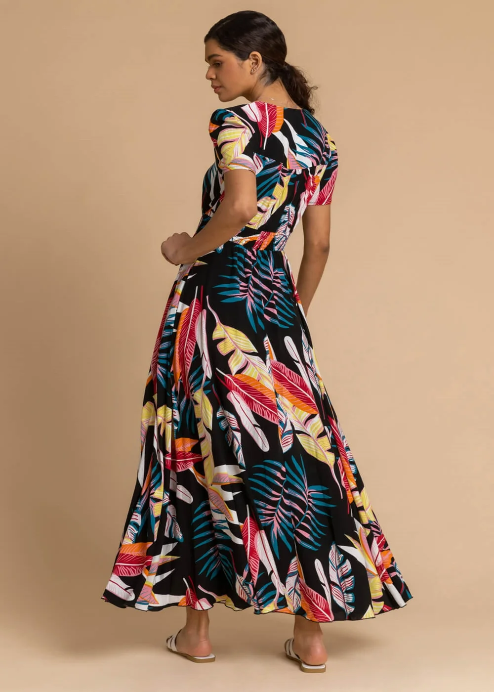 Roman Black Tropical Palm Shirred Waist Maxi Dress - 6 Image 4