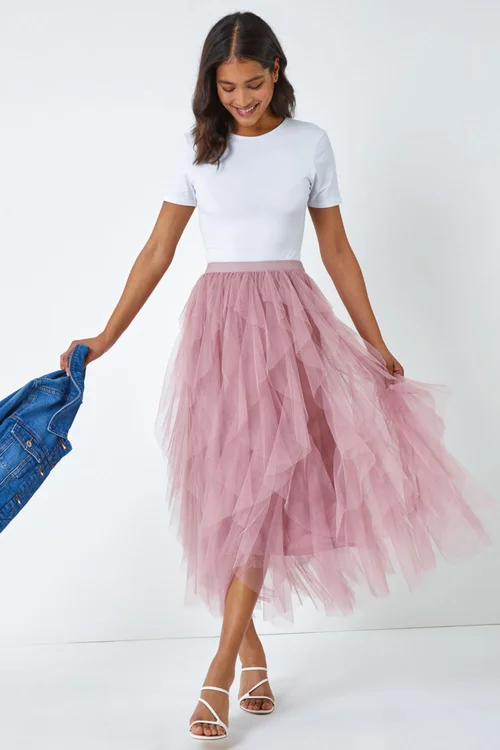Roman Pink Elastic Waist Mesh Layered A Line Skirt - Size 10 Image 3