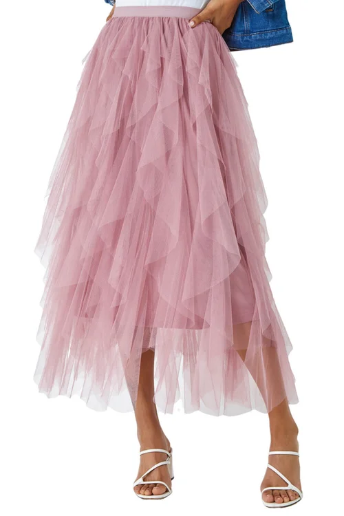 Roman Pink Elastic Waist Mesh Layered A Line Skirt - Size 10 Image 1