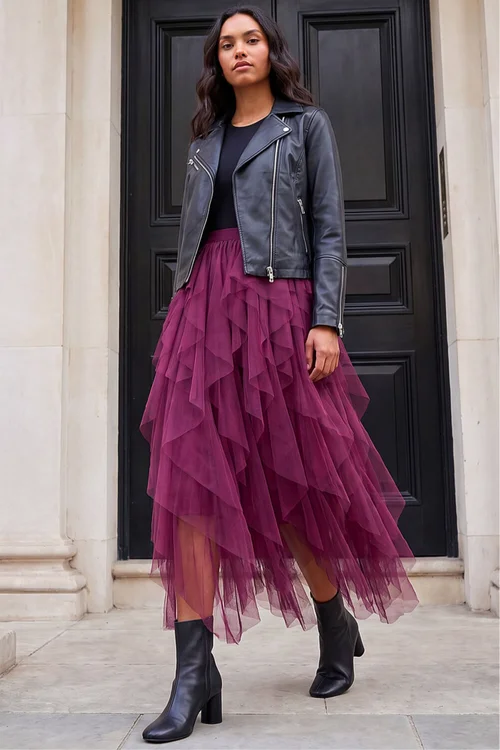 Roman Burgundy Elasticated Mesh Layered Skirt - 20 Image 2