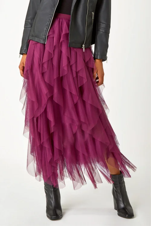 Roman Burgundy Elasticated Mesh Layered Skirt - 20 Image 1