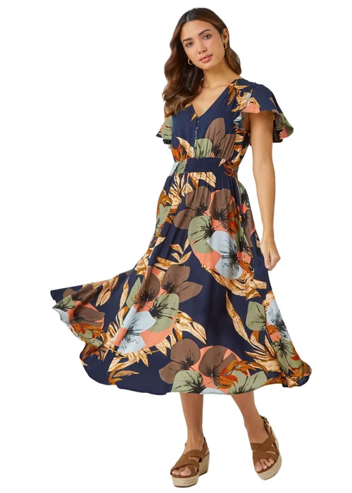 Roman Navy Angel Sleeve Floral Print Midi Dress - 24 Image 2