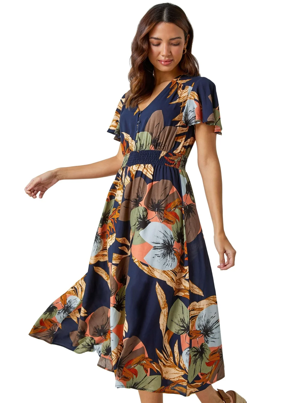 Roman Navy Angel Sleeve Floral Print Midi Dress - 24 Image 1