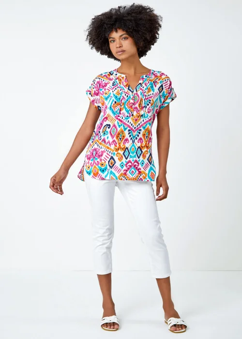 Roman Pink Aztec Print Lace Trim V-Neck Top - Size 18 Image 3