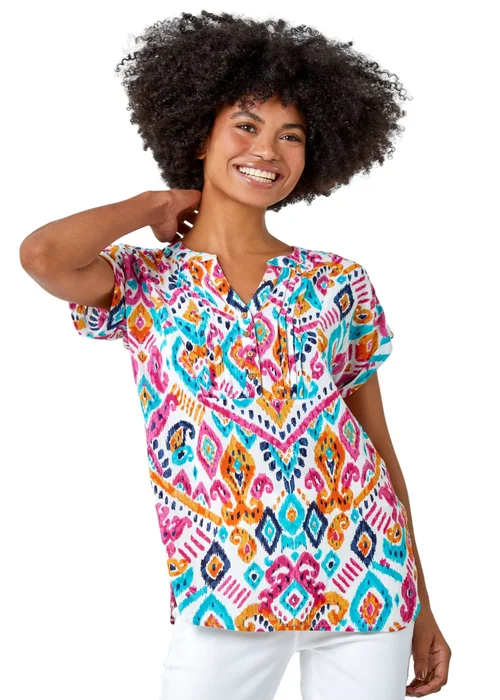 Roman Pink Aztec Print Lace Trim V-Neck Top - Size 18 Image 1