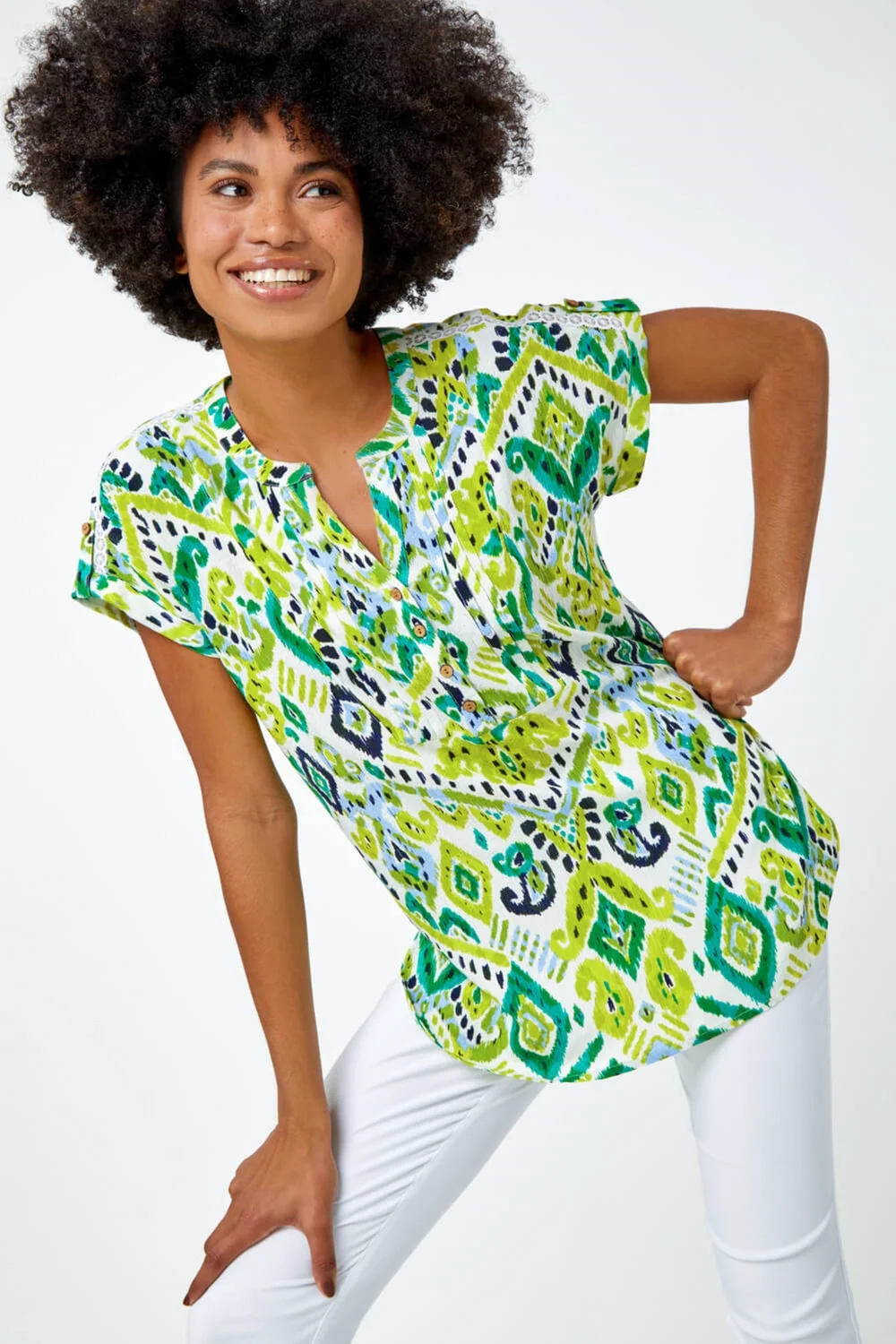 Roman Lime Aztec Print Lace Trim V-Neck Top - 6 Image 3