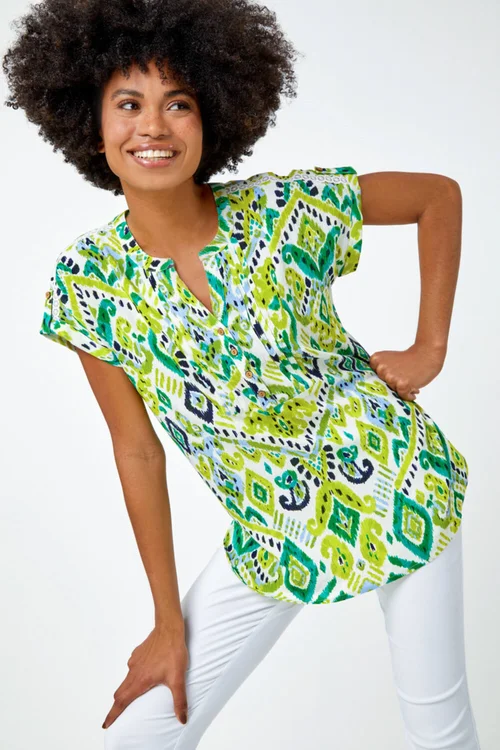 Roman Lime Aztec Print Lace Trim V-Neck Top - 6 Image 3