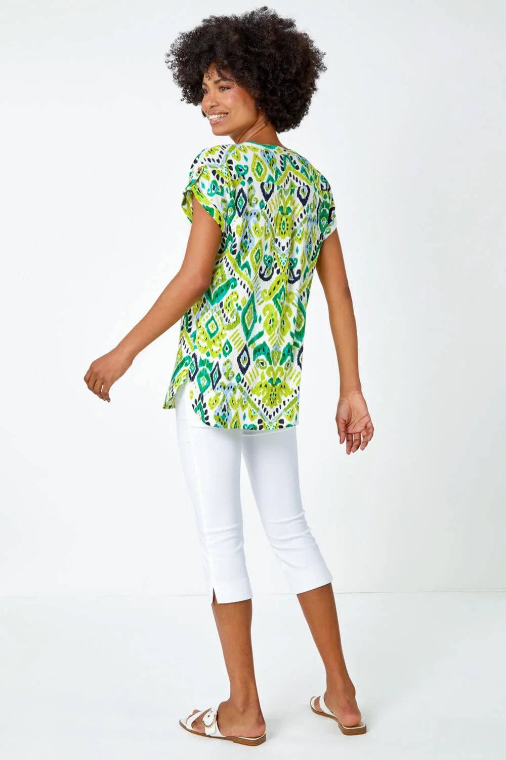 Roman Lime Aztec Print Lace Trim V-Neck Top - 6 Image 4