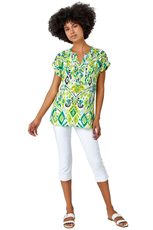 Roman Lime Aztec Print Lace Trim V-Neck Top - 6 Image 1