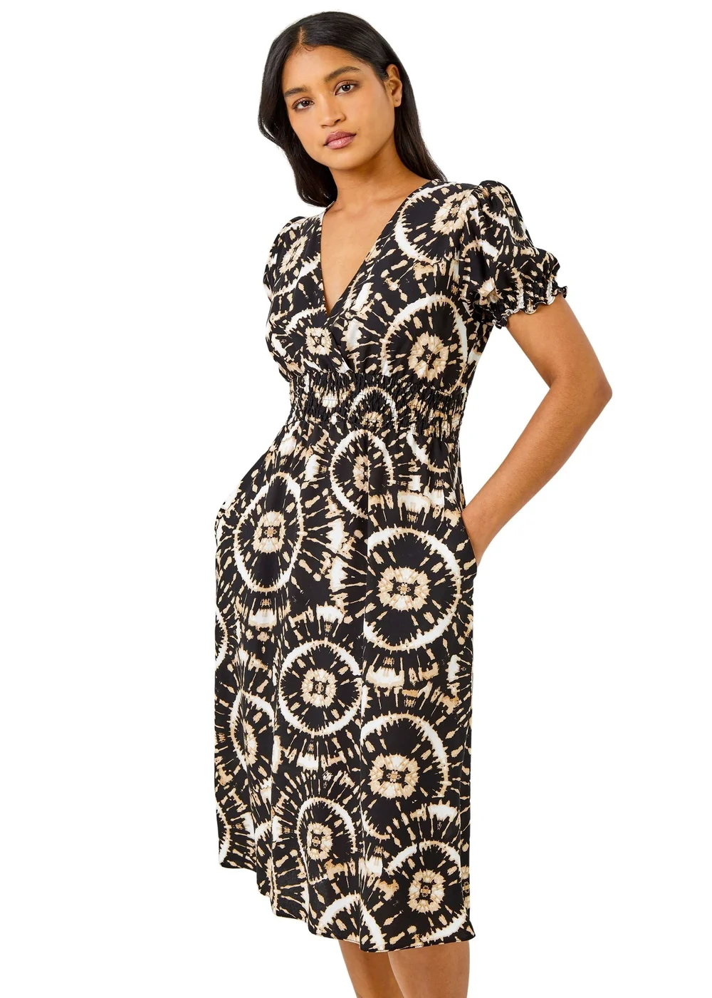 Roman Black Tie Dye Fit And Flare Midi Dress - 22 Image 1