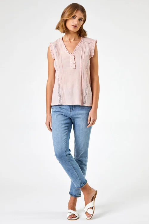 Roman Light Pink Ruffle Detail Cotton Crinkle Top - 6 Image 3