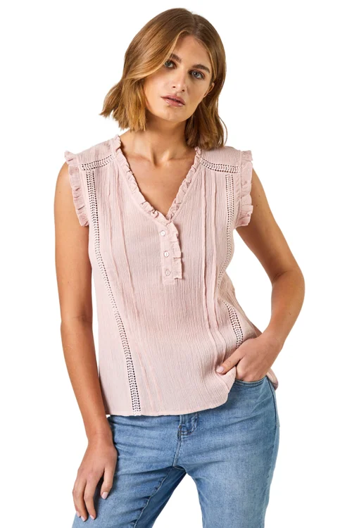 Roman Light Pink Ruffle Detail Cotton Crinkle Top - 6 Image 1