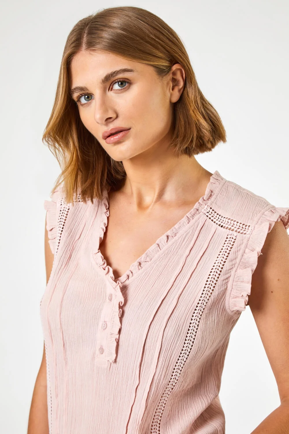 Roman Light Pink Ruffle Detail Cotton Crinkle Top - 6 Image 4