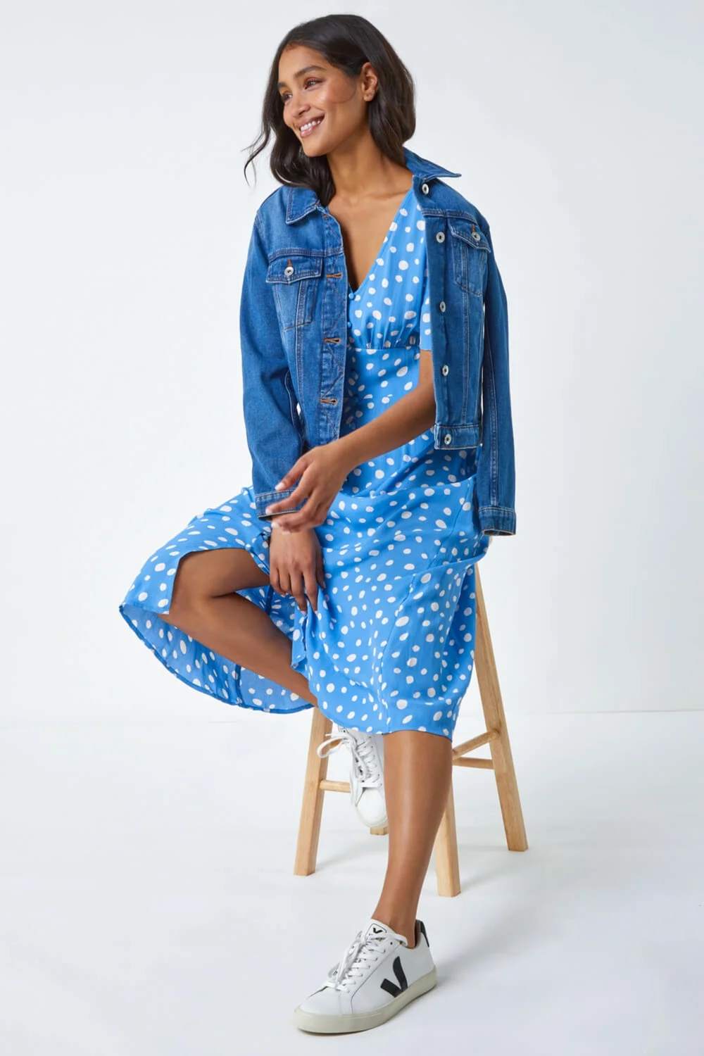 Roman Light Blue Polka Dot Ruched Sleeve Midi Dress - 18 Roman Light Blue Polka Dot Ruched Sleeve Midi Dress - 18