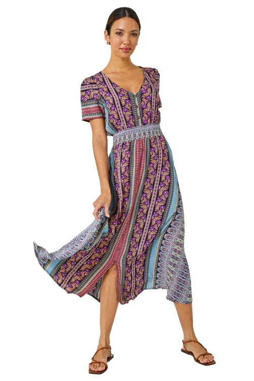 Roman Purple Floral Print Fit and Flare Maxi Dress - 6 Image 2