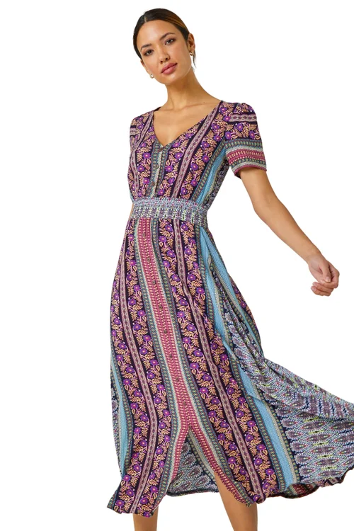 Roman Purple Floral Print Fit and Flare Maxi Dress - 6 Image 1