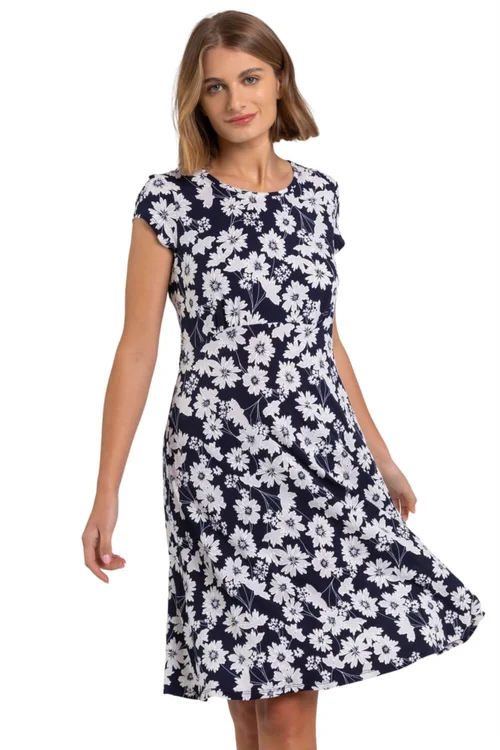 Roman Navy Floral Print Stretch Jersey Tea Dress - Size 10 Image 1