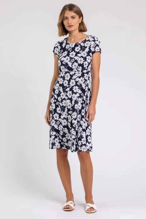 Roman Navy Floral Print Stretch Jersey Tea Dress - Size 10 Image 3