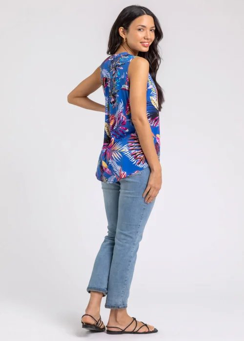 Roman Royal Blue Tropical Print V-Neck Stretch Jersey Top - 10 Image 2