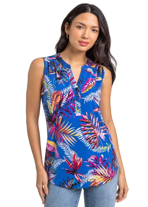 Roman Royal Blue Tropical Print V-Neck Stretch Jersey Top - 10 Image 1