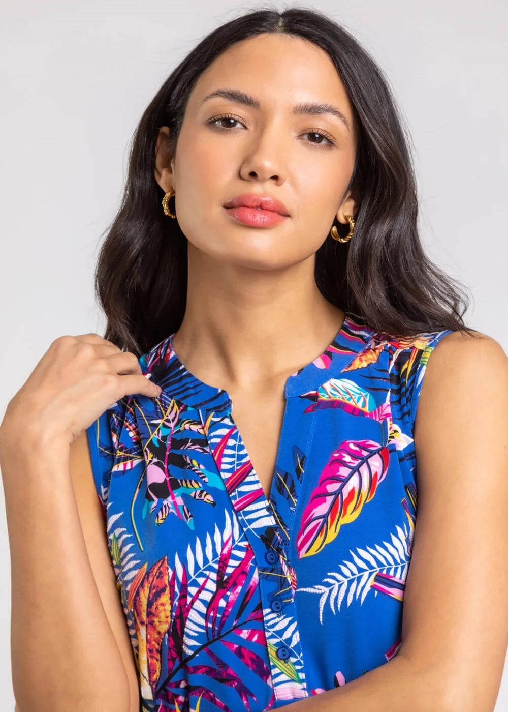 Roman Royal Blue Tropical Print V-Neck Stretch Jersey Top - 10 Image 3