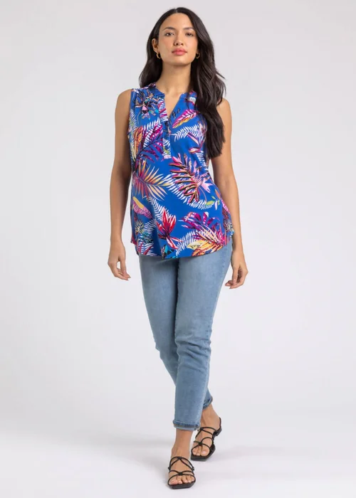 Roman Royal Blue Tropical Print V-Neck Stretch Jersey Top - 10 Image 4