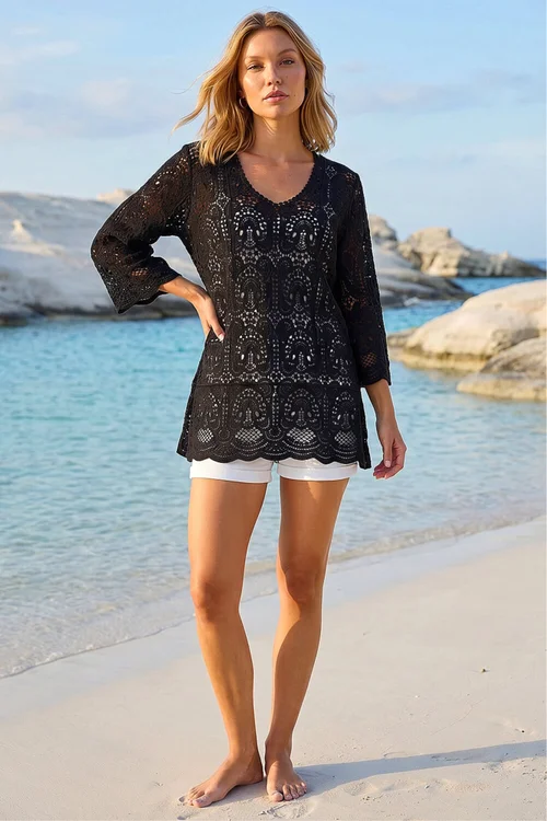 Roman Black Cotton Crochet Tunic Top - 10 Image 2