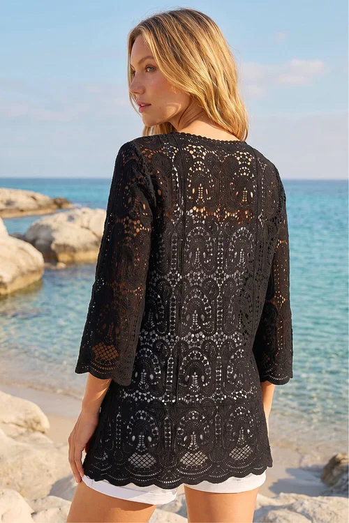 Roman Black Cotton Crochet Tunic Top - 10 Image 3